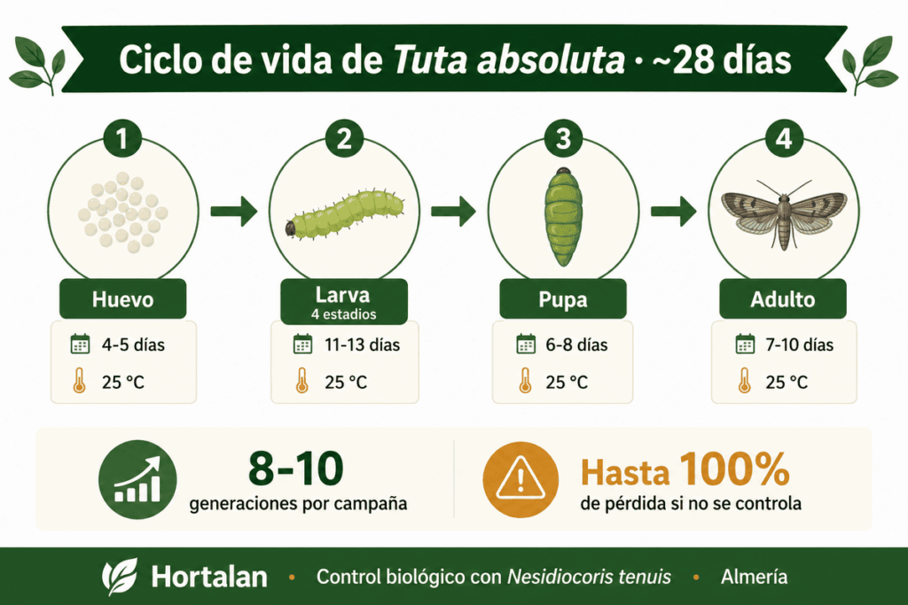 Infografía del ciclo de vida de Tuta absoluta: huevo, larva, pupa y adulto con duración en días y generaciones por campaña